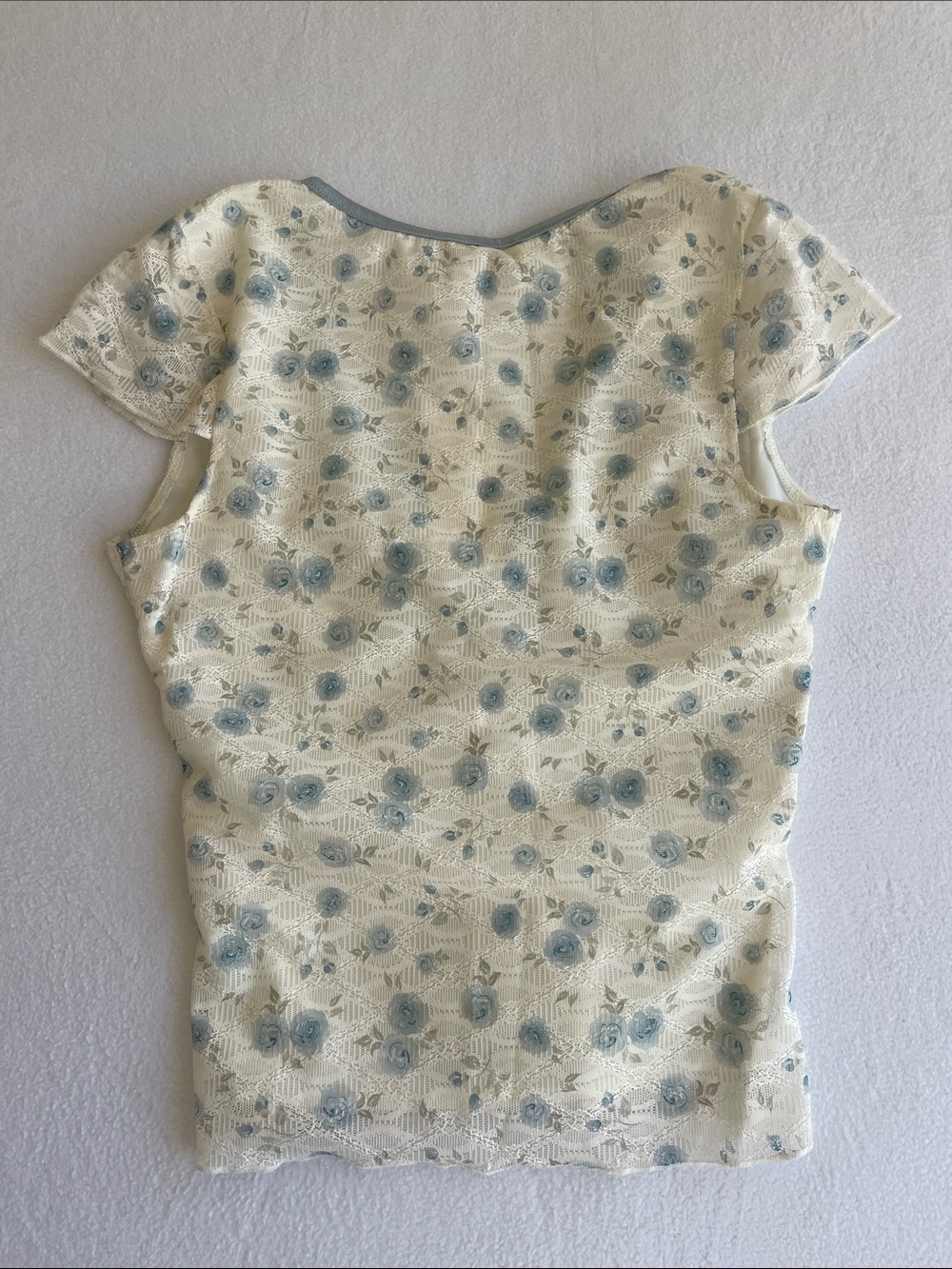 Thirty/Thirty Cream Blue Floral Mesh V Neck Top Size Small NWT Coquette Y2K - Picture 5 of 5